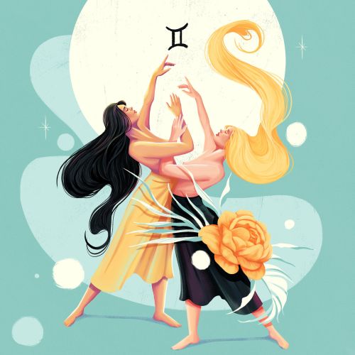 Two dancing women representing Gemini zodiac sign by Andressa Meissner