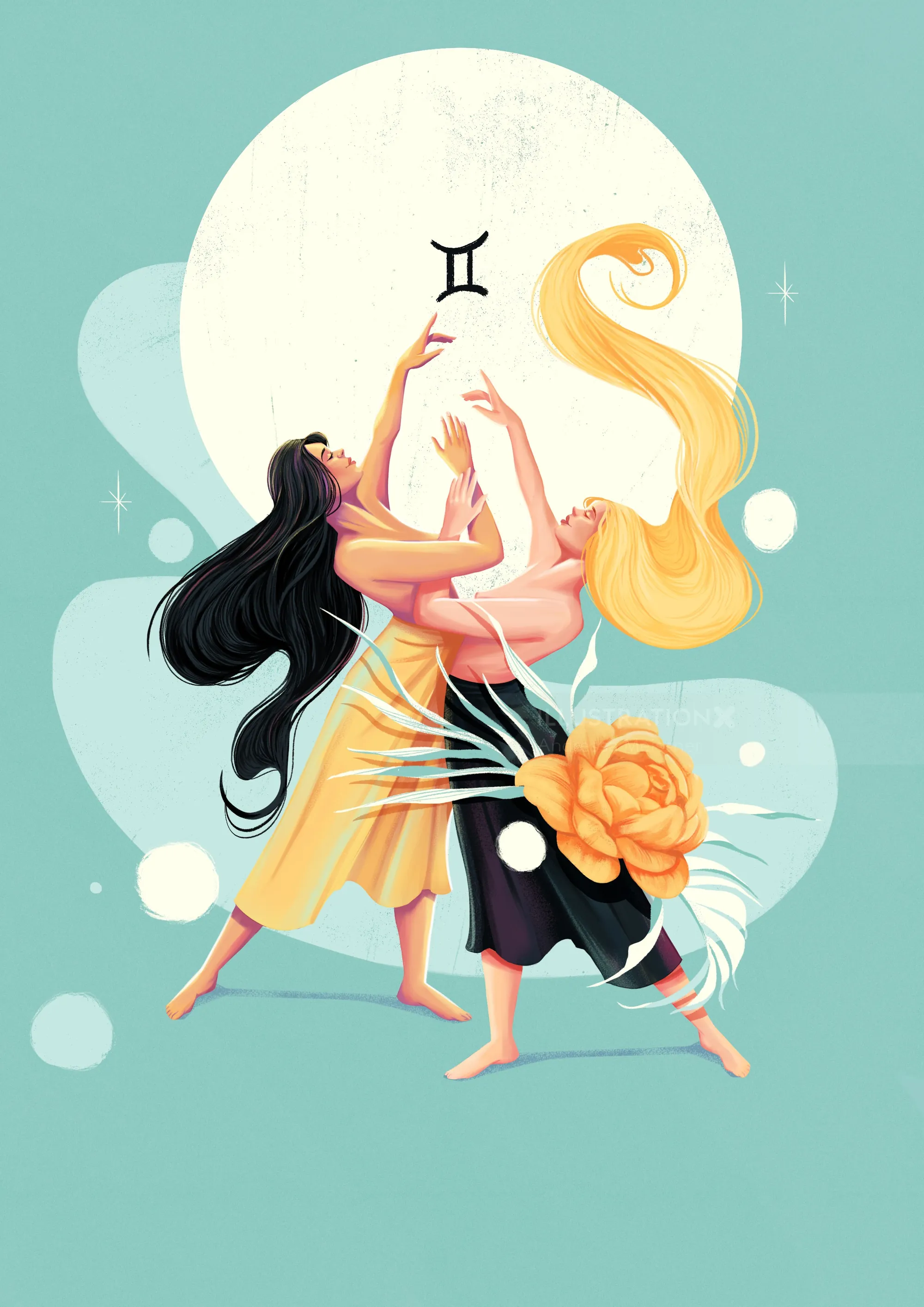 Two dancing women representing Gemini zodiac sign by Andressa Meissner