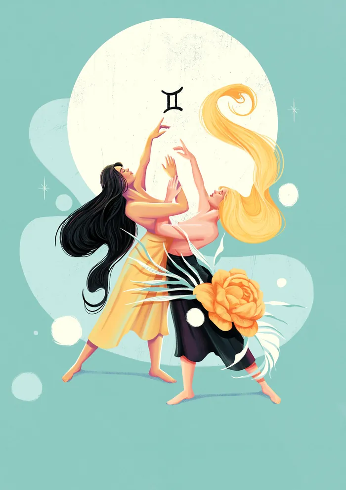 Two dancing women representing Gemini zodiac sign by Andressa Meissner