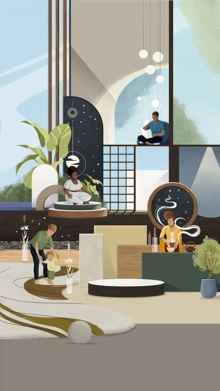 Illustration of a whimsical architectural space with people, by Andressa Meissner