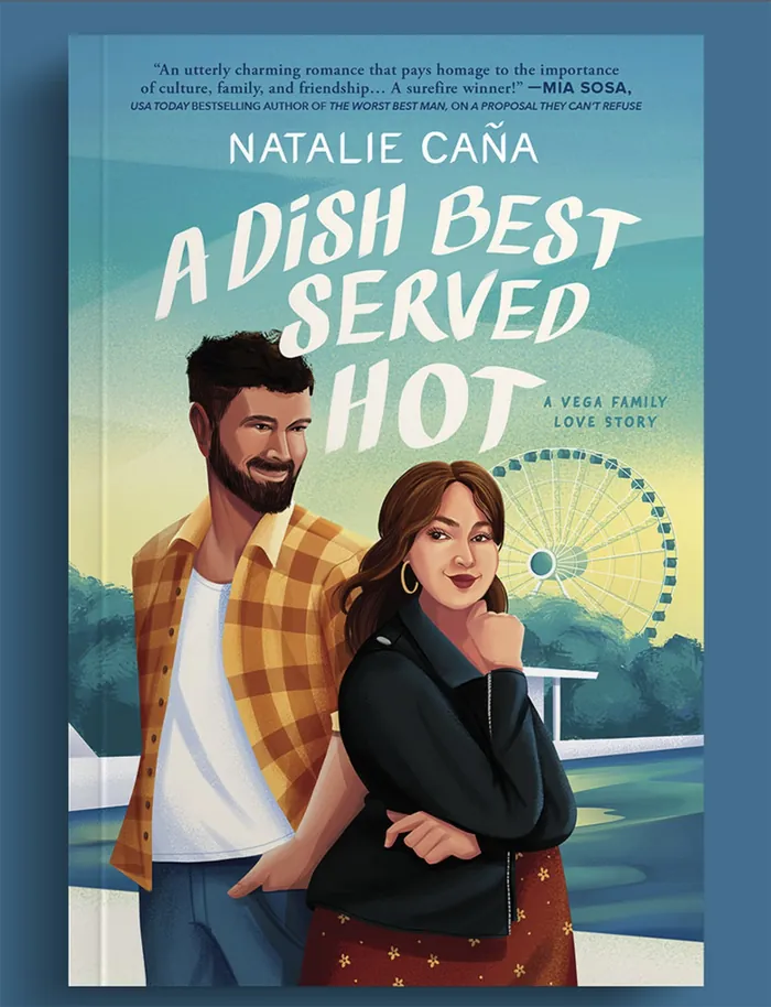 Book cover of A Dish Best Served Hot by Natalie Cana with couple and Ferris wheel, illustration by A