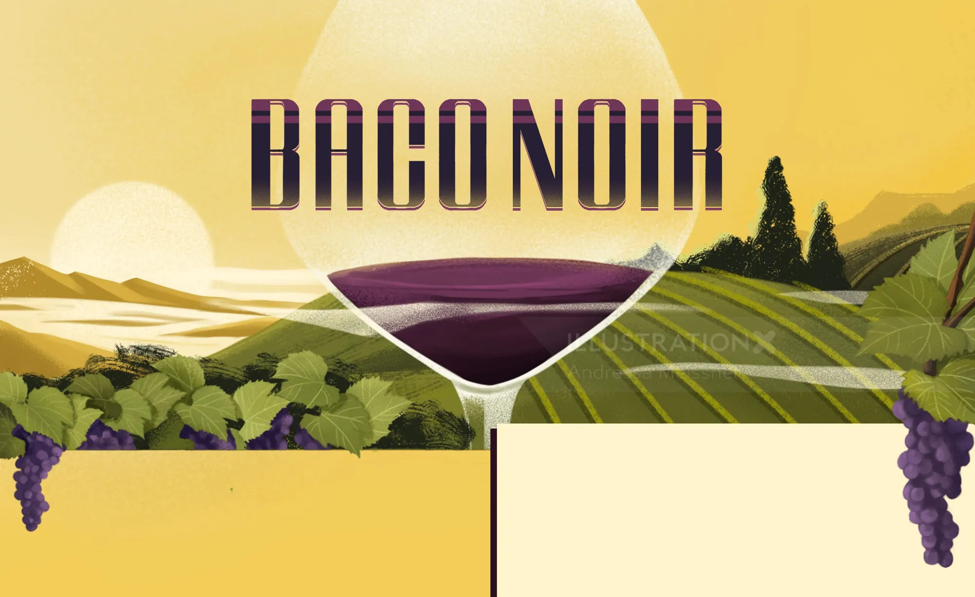 Wine glass over vineyard with grapes and Baconoir text