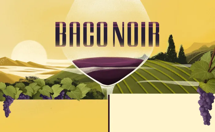 Wine glass over vineyard with grapes and Baconoir text