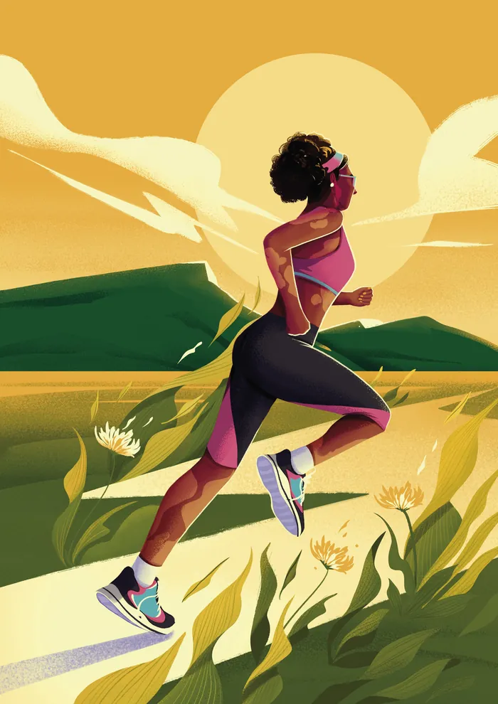 Woman running outdoors with sun and hills in background