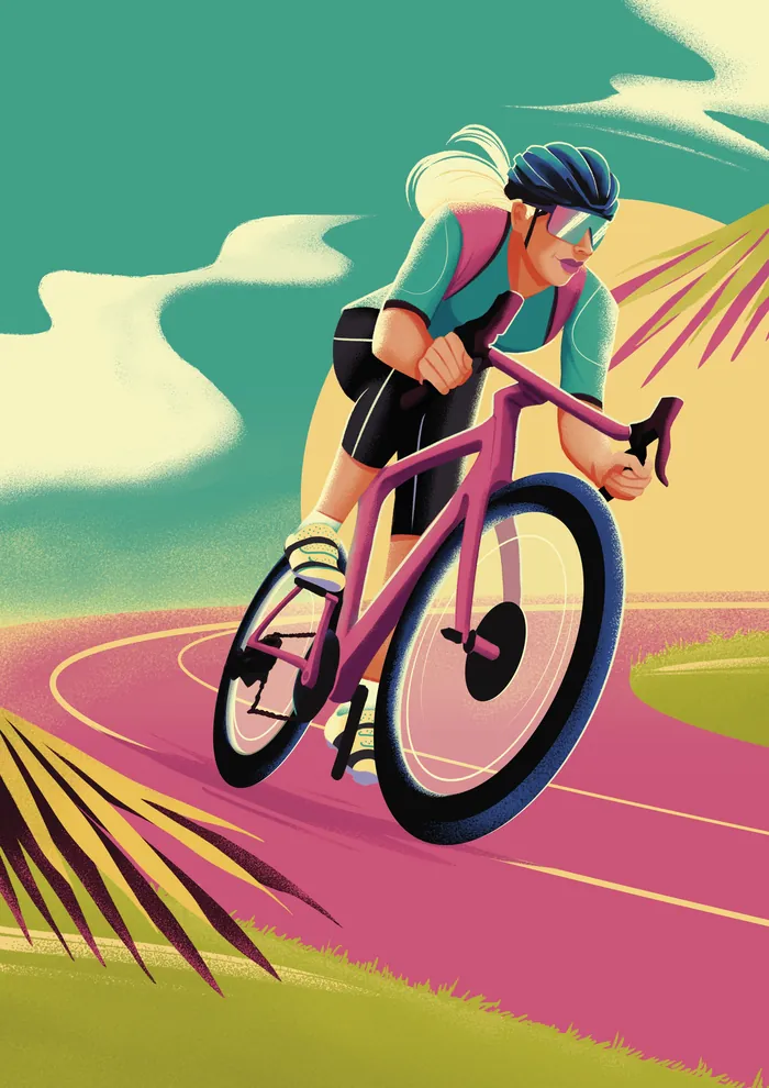 Cyclist racing on a track with tropical plants