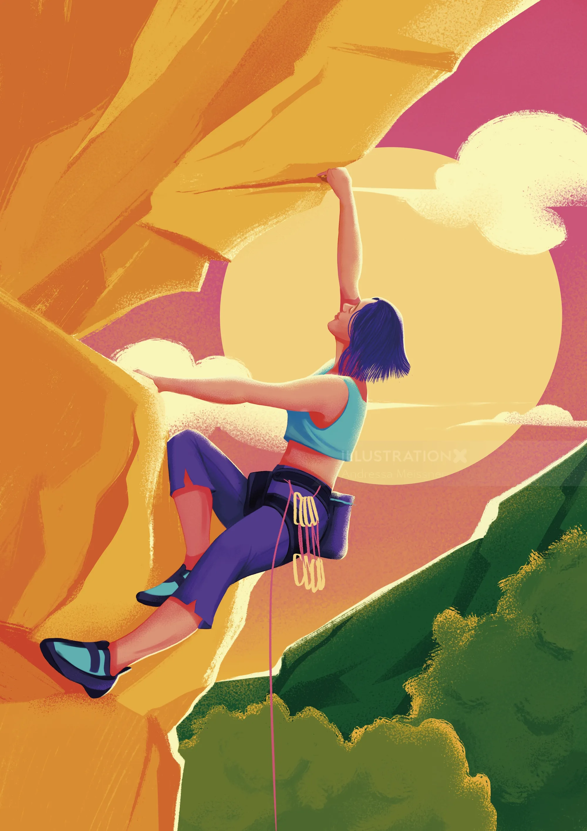 Woman rock climbing at sunset with climbing gear and scenic background
