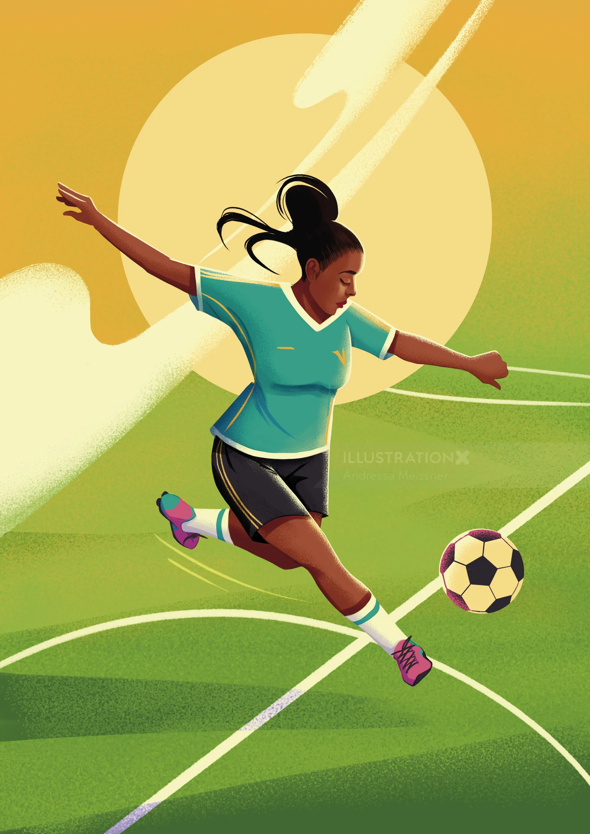 Female soccer player kicking ball on field during sunset