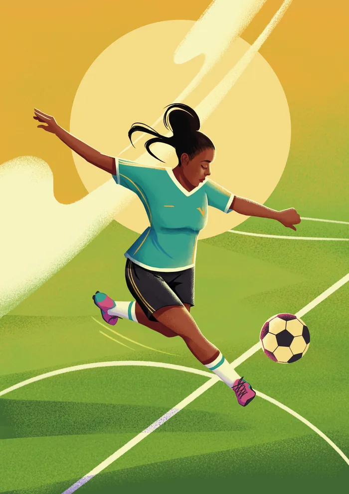 Female soccer player kicking ball on field during sunset