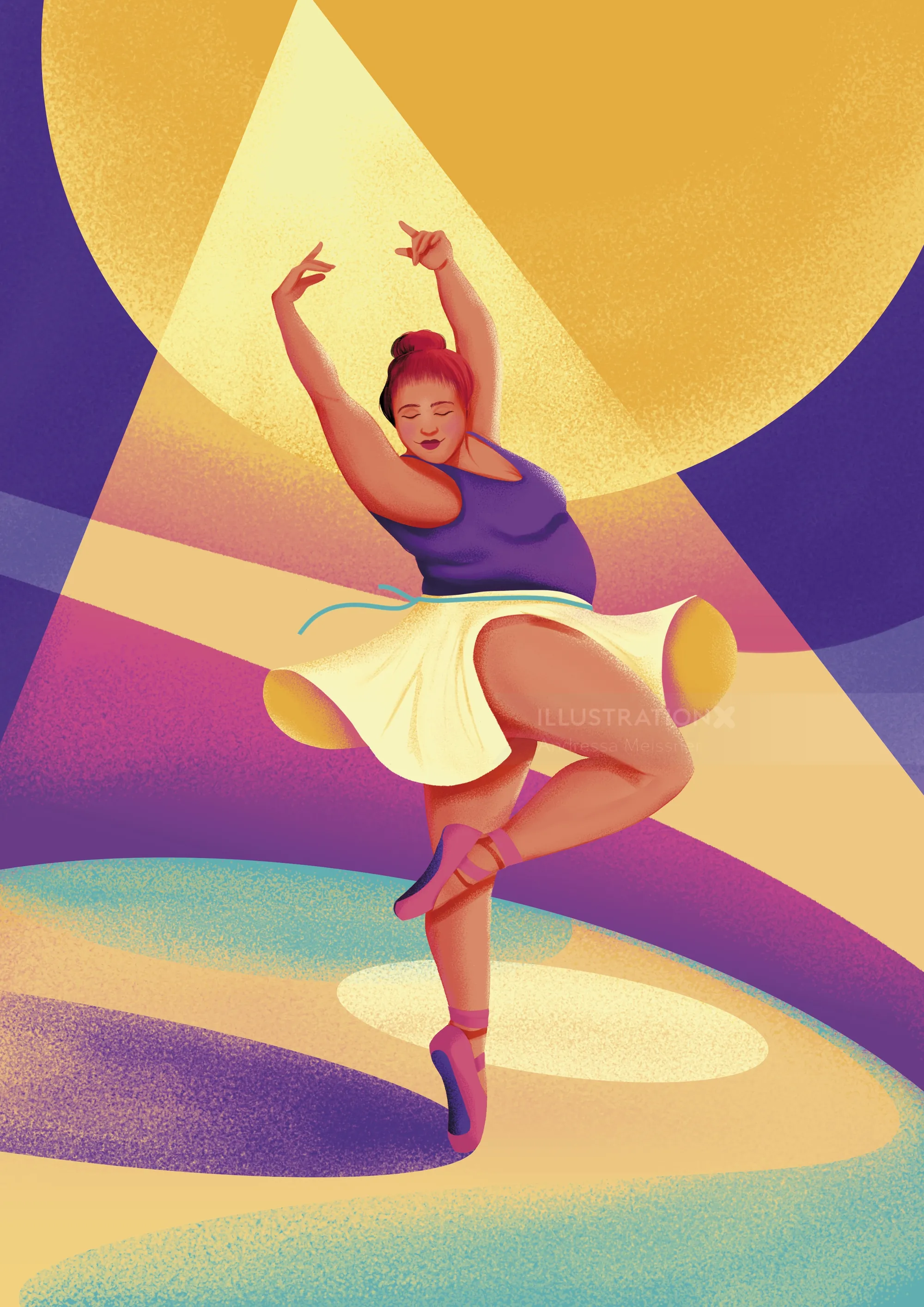 Ballerina dancing gracefully under spotlight with colorful background