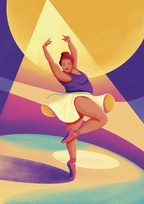 Ballerina dancing gracefully under spotlight with colorful background