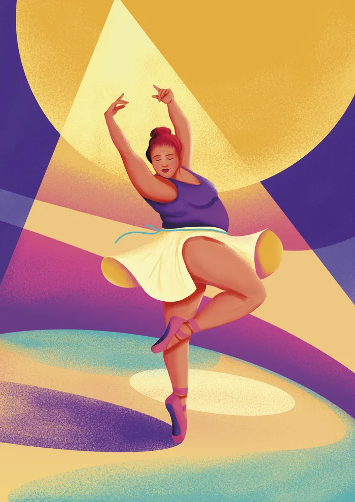 Ballerina dancing gracefully under spotlight with colorful background