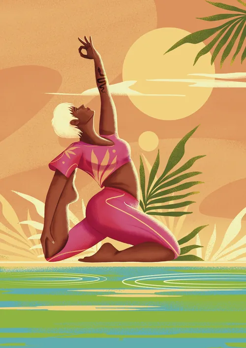 Person in pink yoga pose near water with sunset and plants