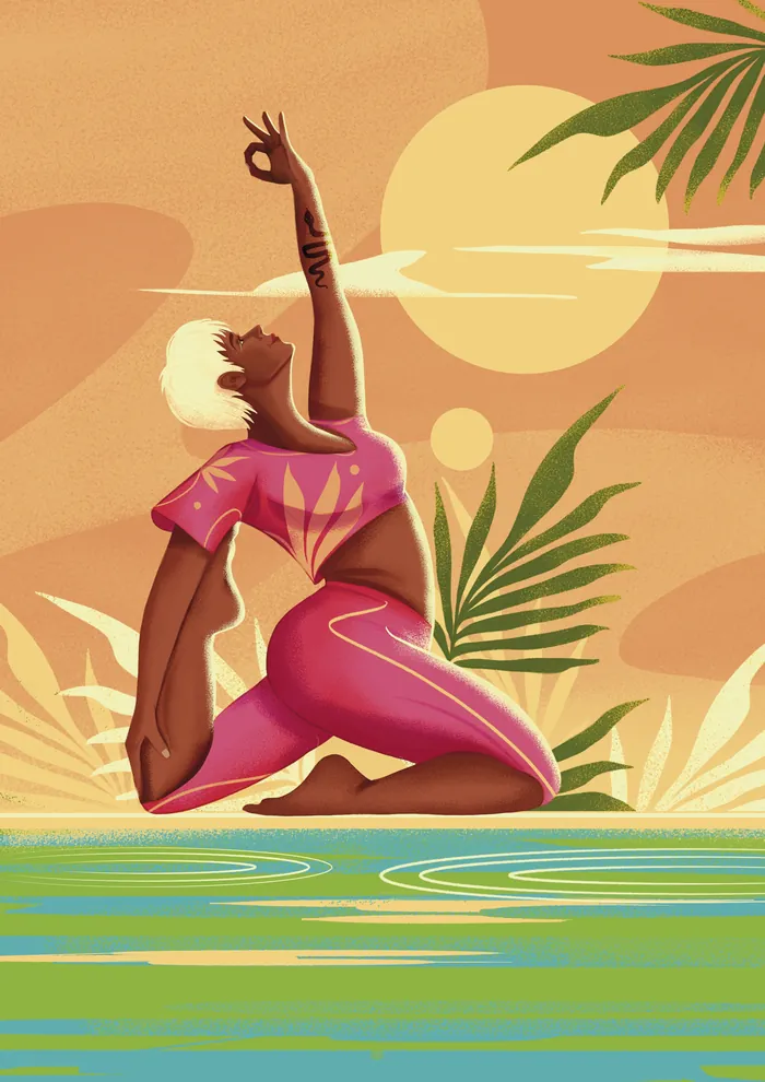 Person in pink yoga pose near water with sunset and plants