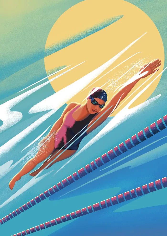 Swimmer performing butterfly stroke in a pool with sun background