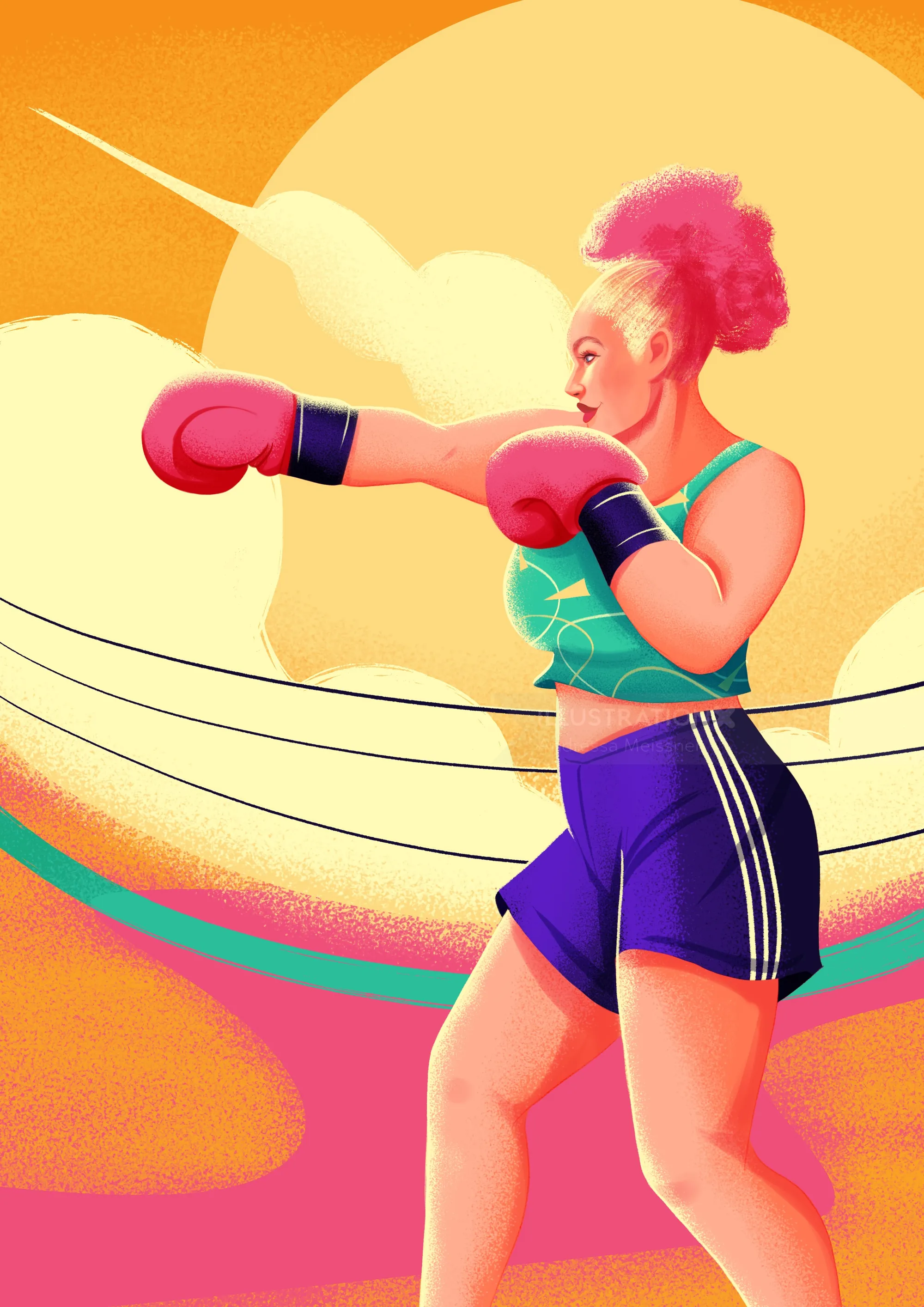 Female boxer with pink hair throwing a punch in the ring