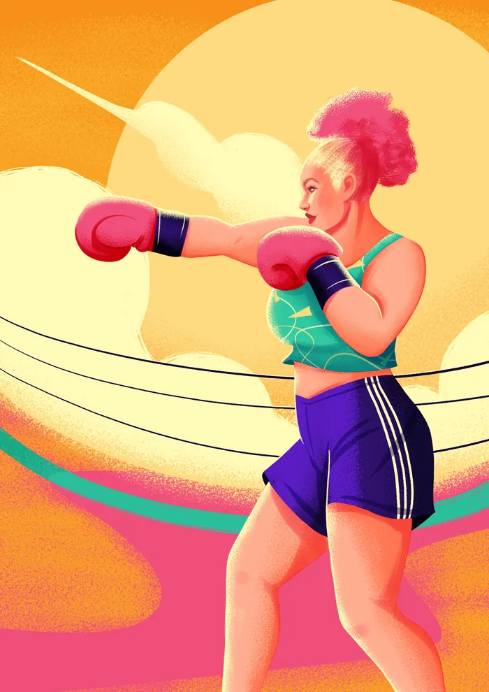 Female boxer with pink hair throwing a punch in the ring