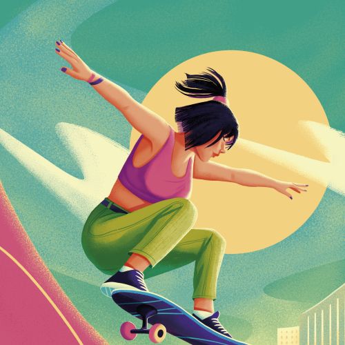 Young woman skateboarding mid-air in cityscape with sun background