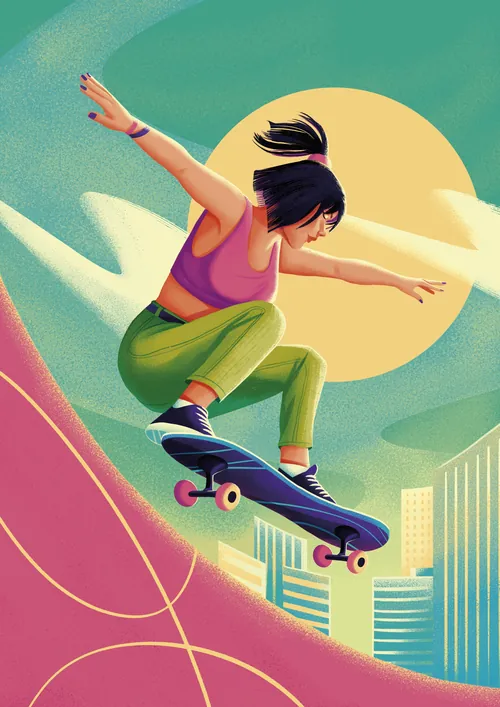 Young woman skateboarding mid-air in cityscape with sun background