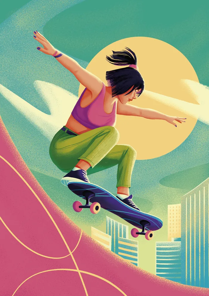 Young woman skateboarding mid-air in cityscape with sun background