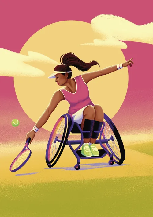 Female wheelchair tennis player swinging racket on court at sunset