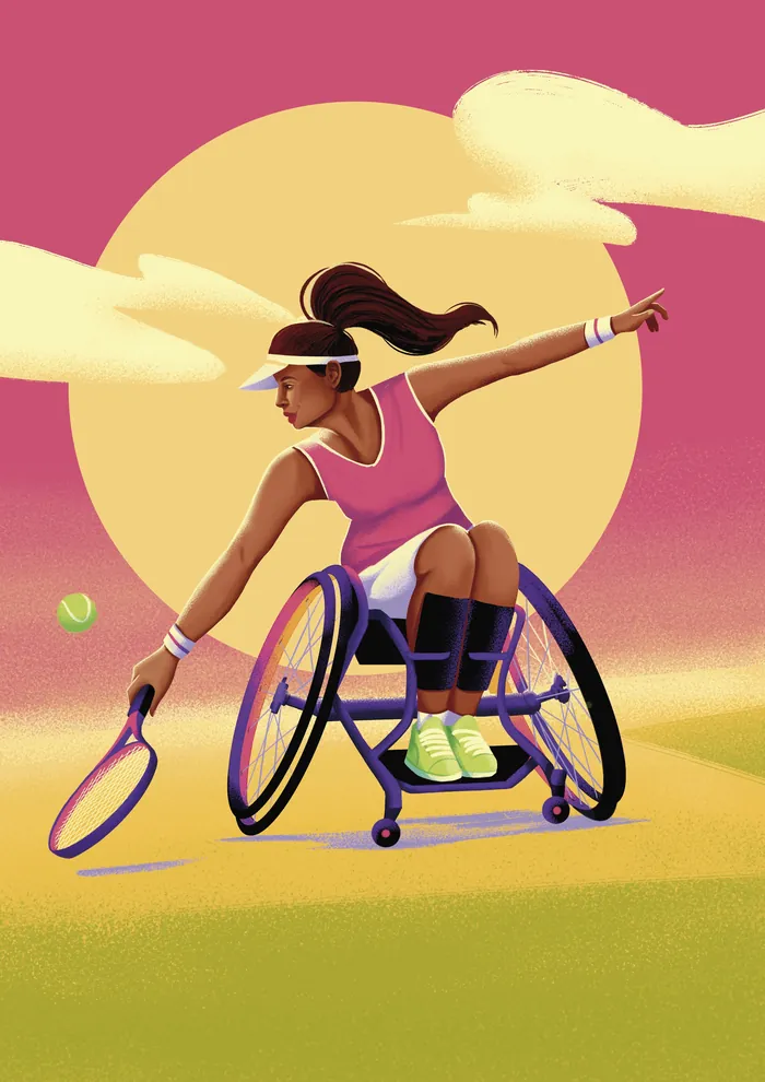 Female wheelchair tennis player swinging racket on court at sunset