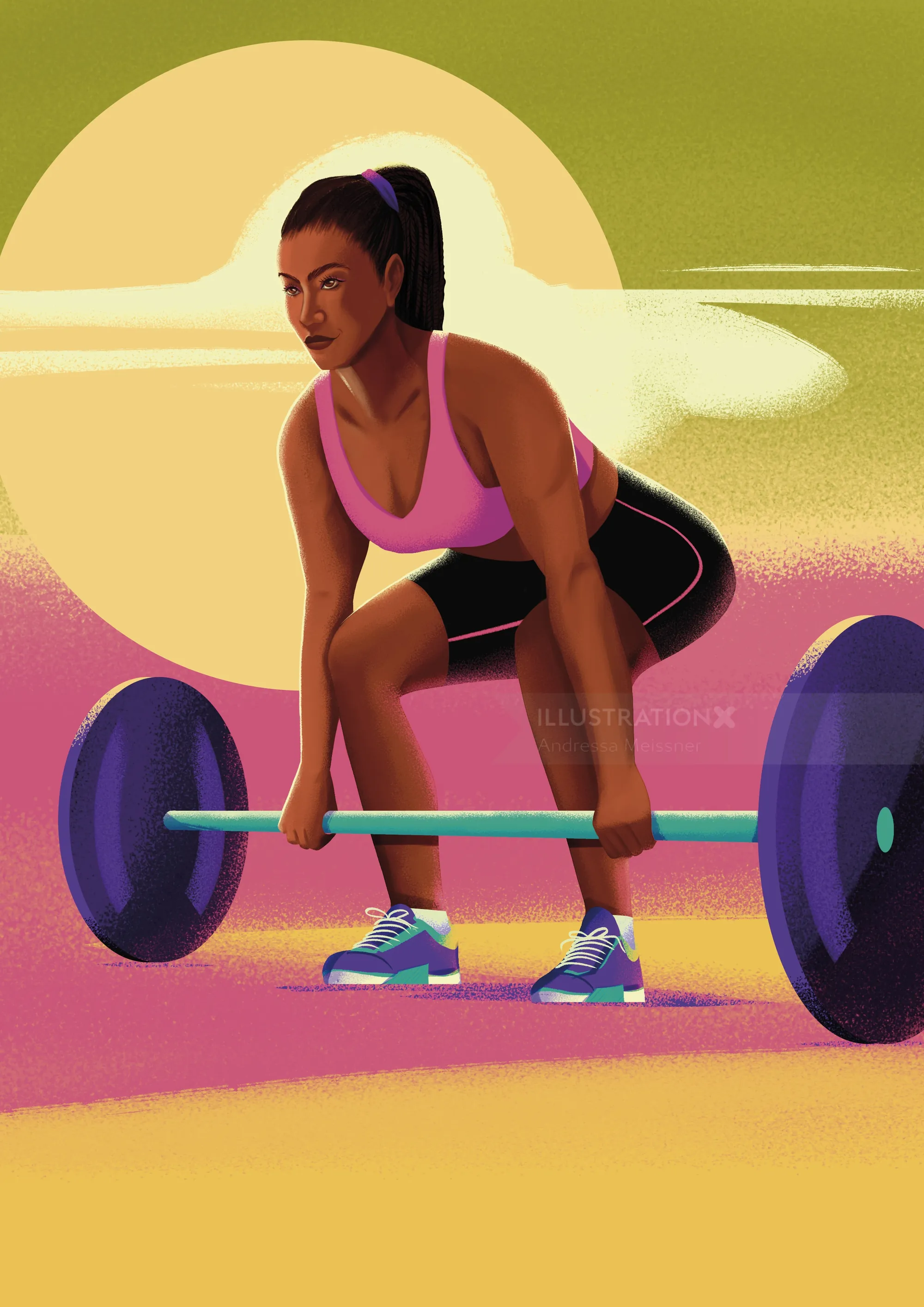 Woman performing barbell deadlift exercise outdoors at sunset