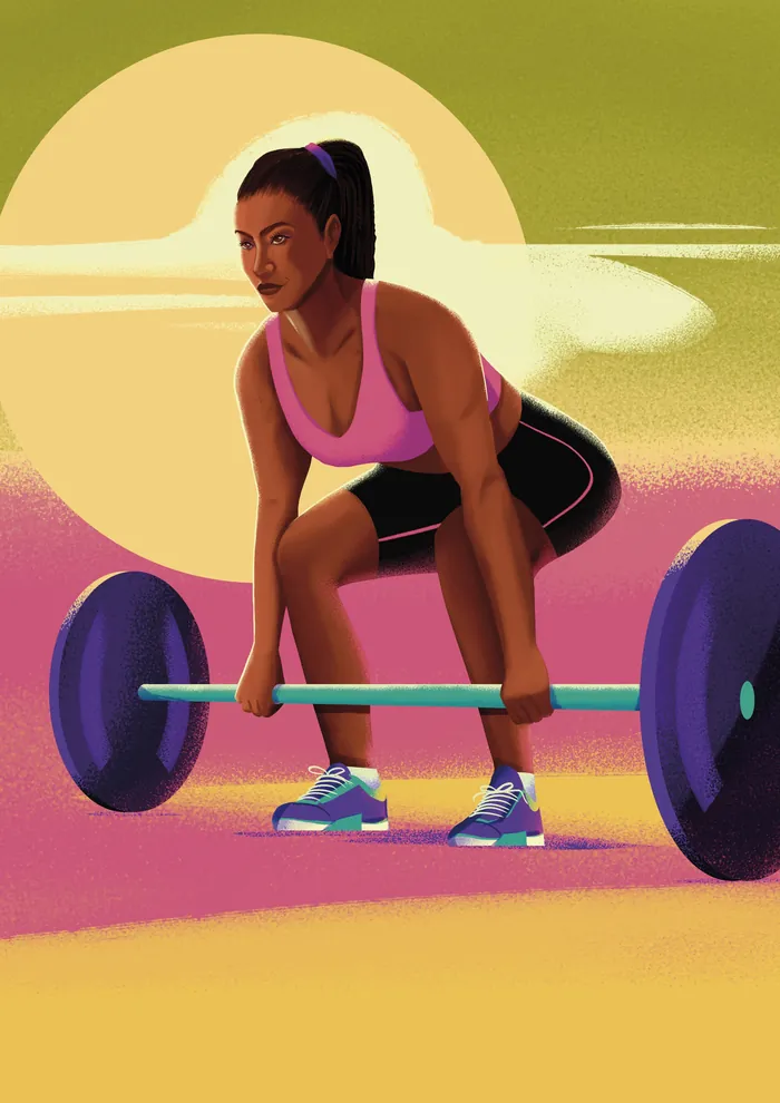 Woman performing barbell deadlift exercise outdoors at sunset