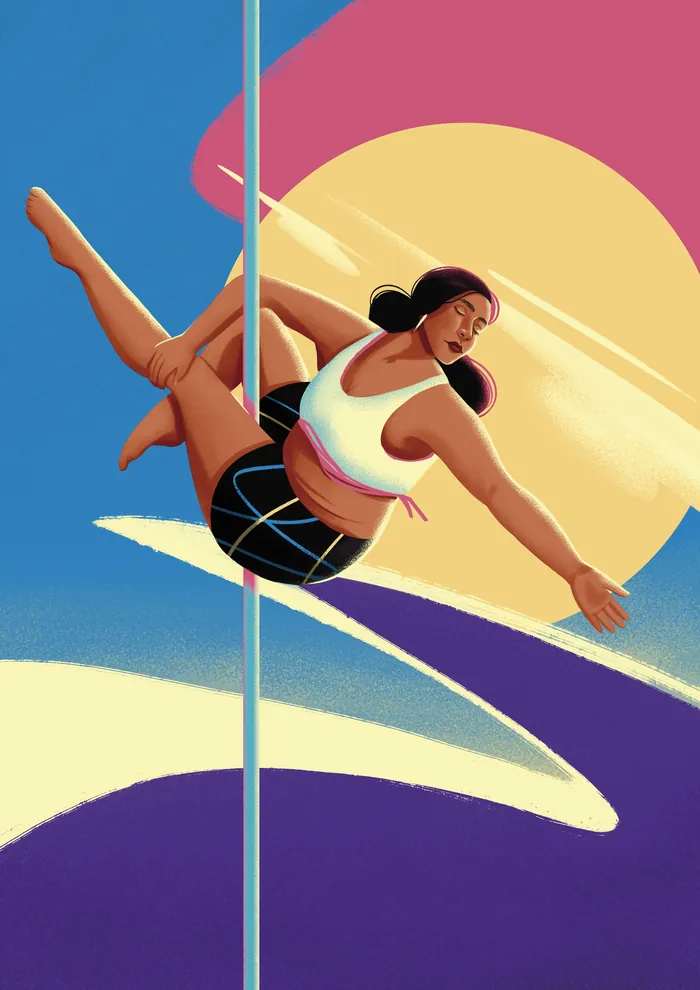 Woman performing pole dance against colorful abstract background