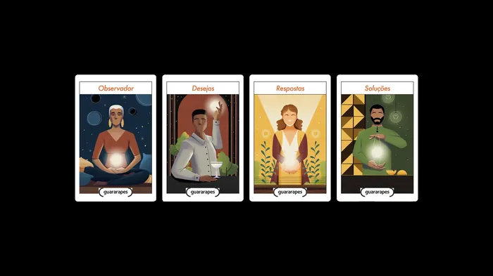 Four illustrated tarot-style cards labeled Observer, Decision, Recognition, and Solutions.
