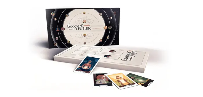 Esocrypture board game with cards and circular board on white surface