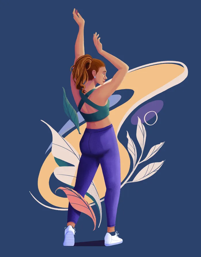 Woman dancing with raised arms and floral abstract design