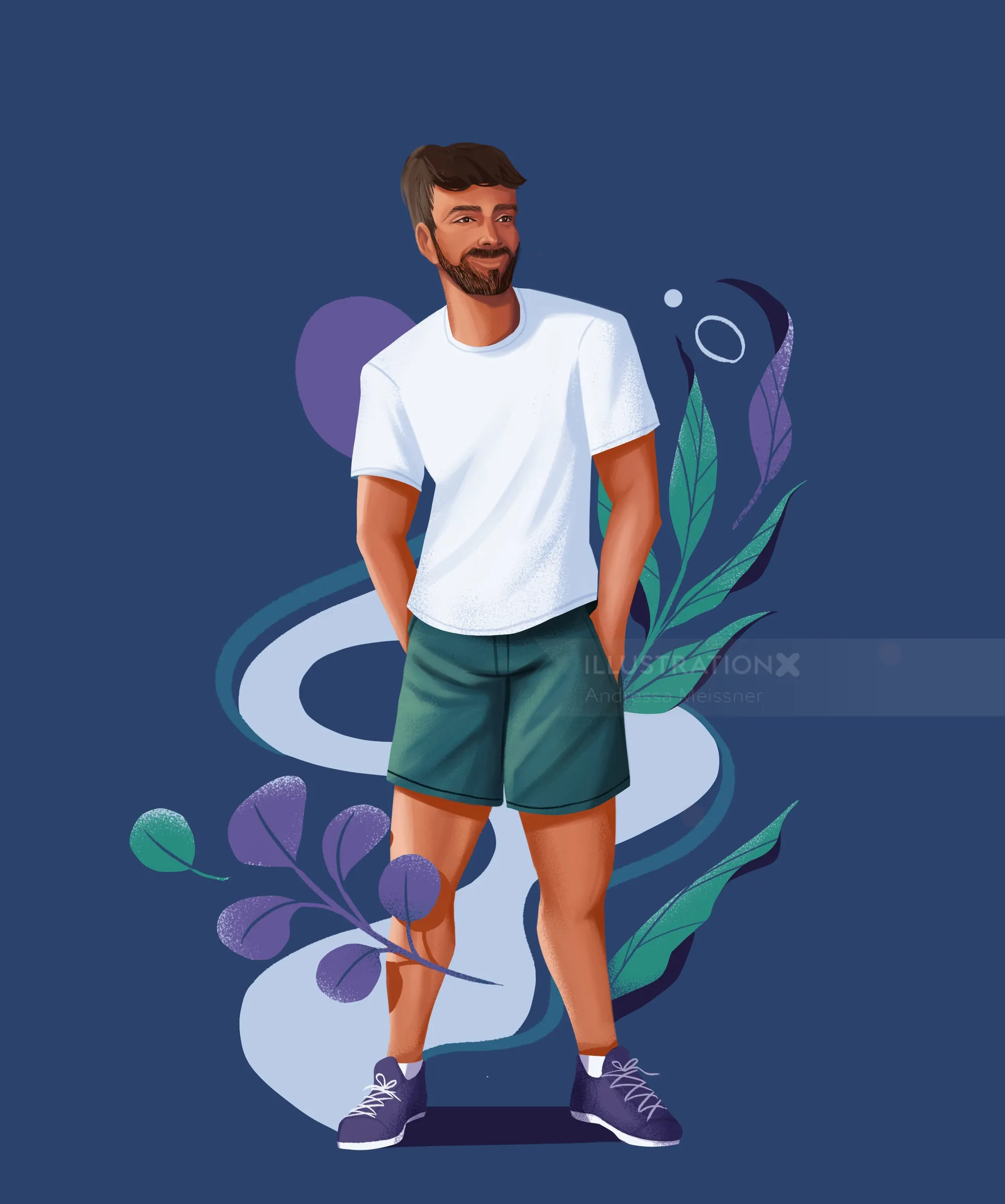 Man in white t-shirt and shorts standing against abstract plant design