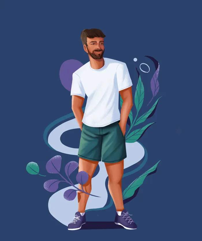 Man in white t-shirt and shorts standing against abstract plant design
