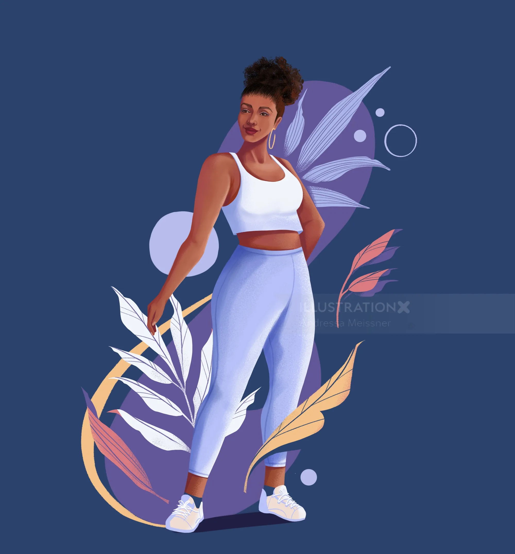 Woman in white sportswear standing with stylized leaves background