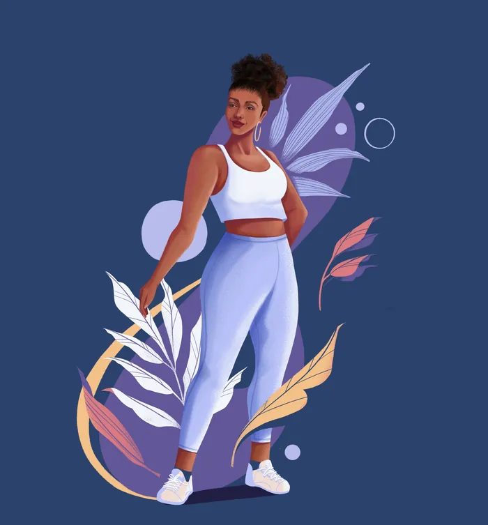 Woman in white sportswear standing with stylized leaves background