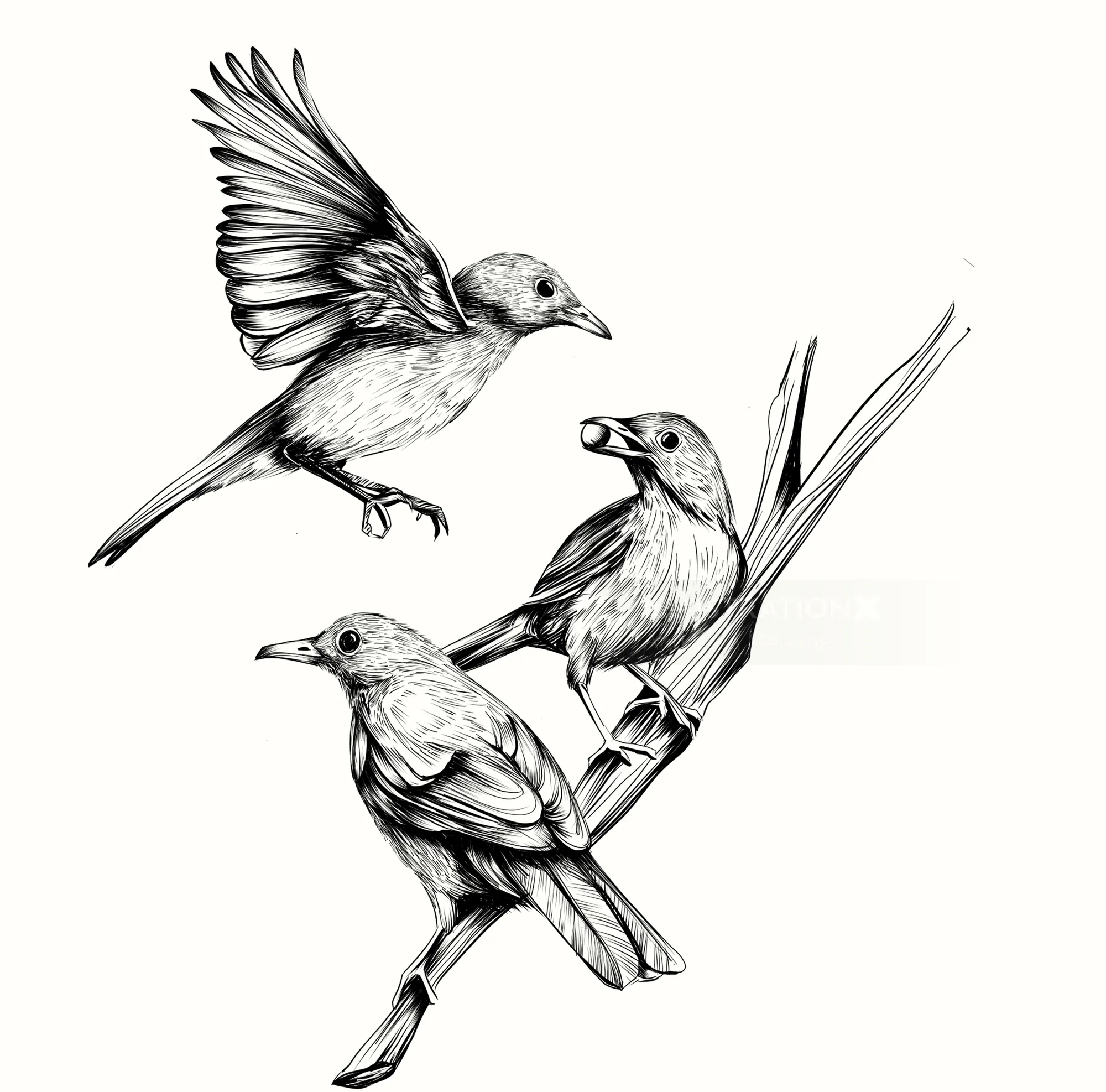 Black and white drawing of three small birds on a branch