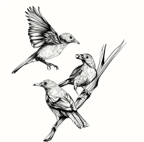 Black and white drawing of three small birds on a branch