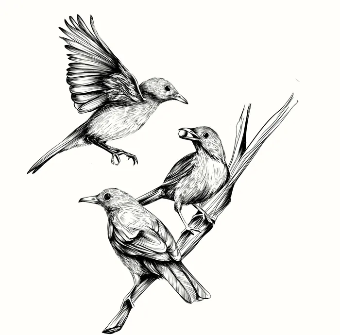 Black and white drawing of three small birds on a branch