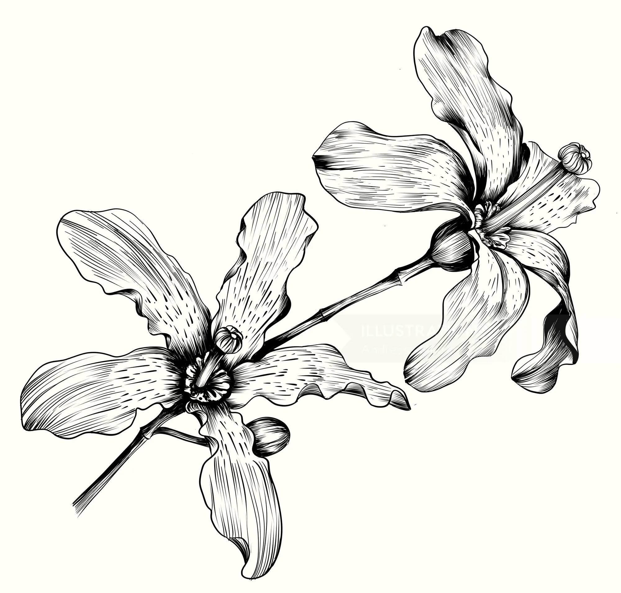 Detailed black and white orchid flower line drawing