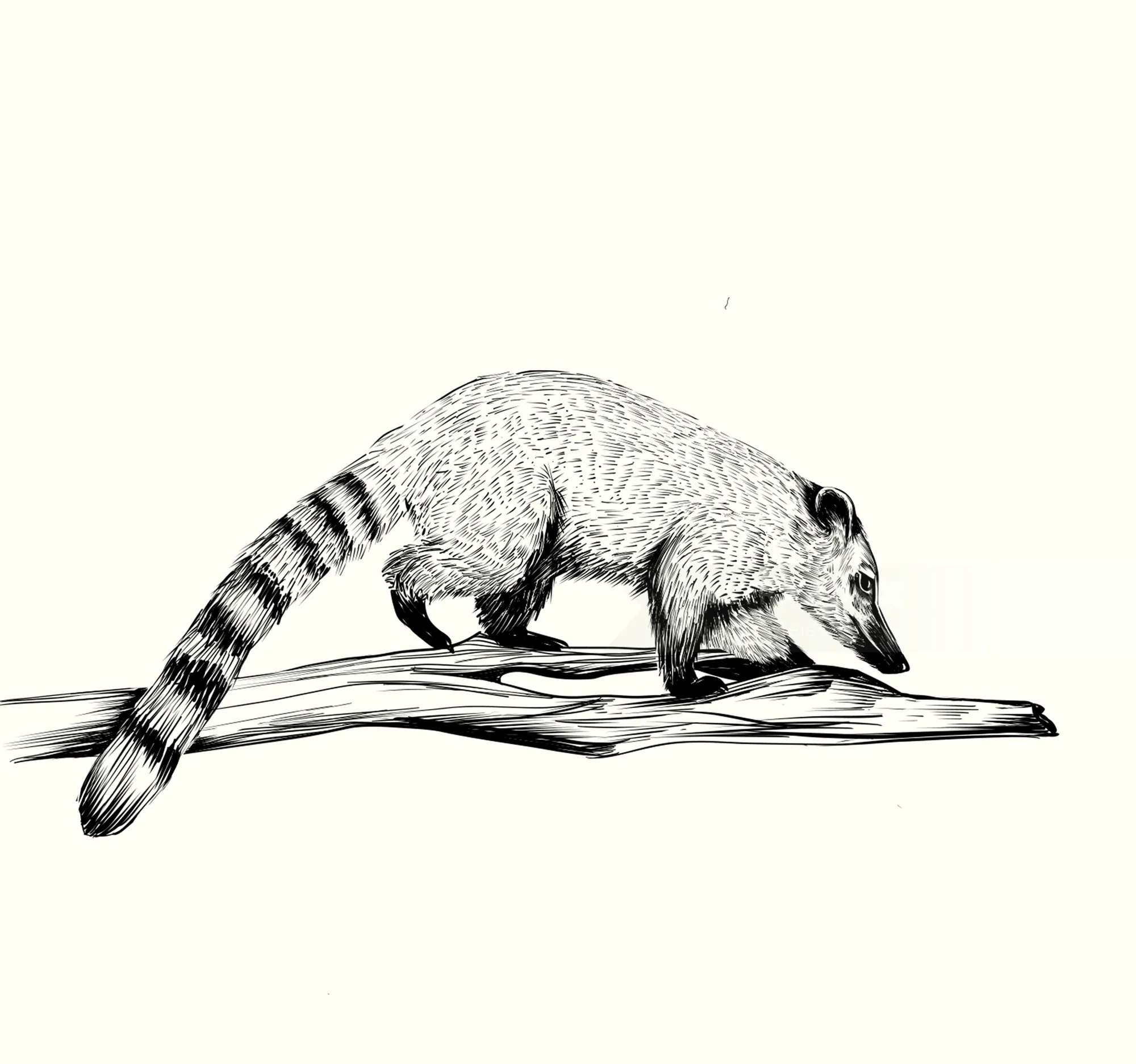 Coati walking on a branch black and white illustration