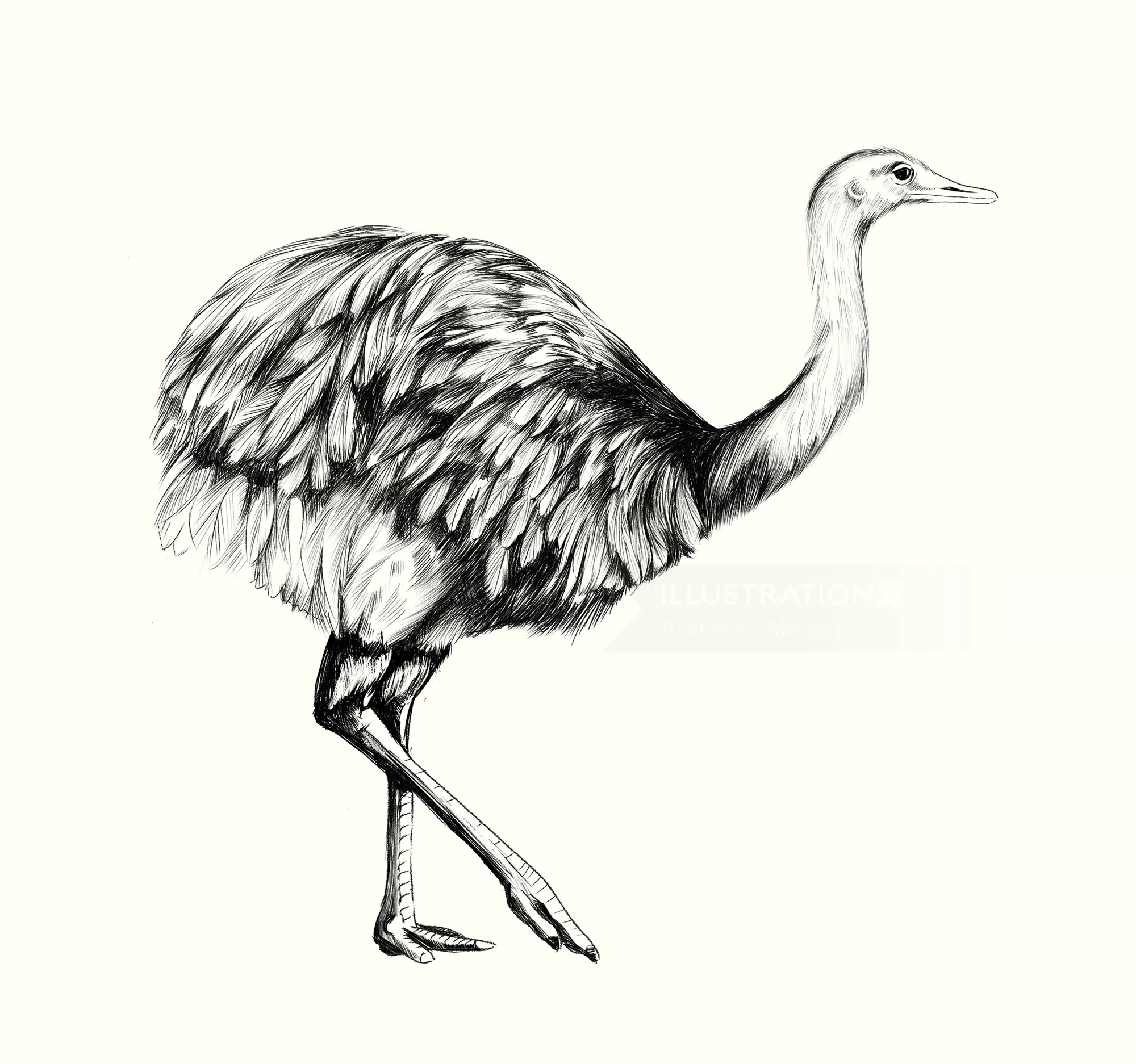 Detailed black and white sketch of an ostrich bird
