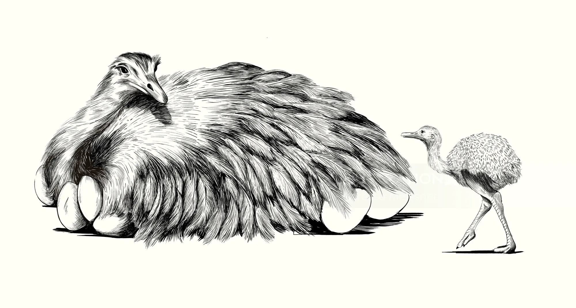 Illustration of a large bird on eggs with a chick standing next to it