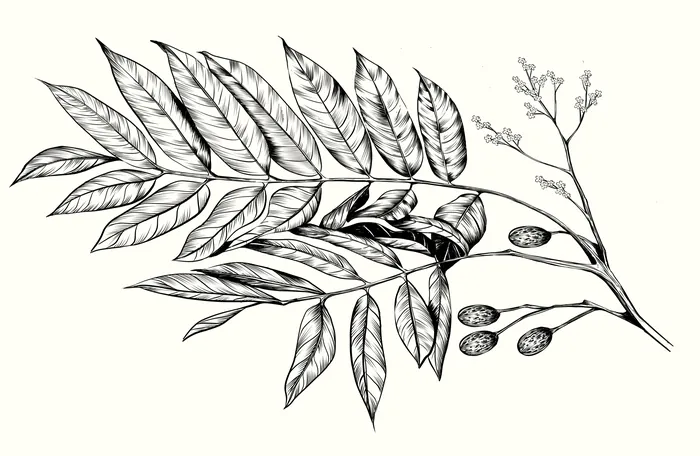 Black and white botanical drawing of branch with elongated leaves and berries.