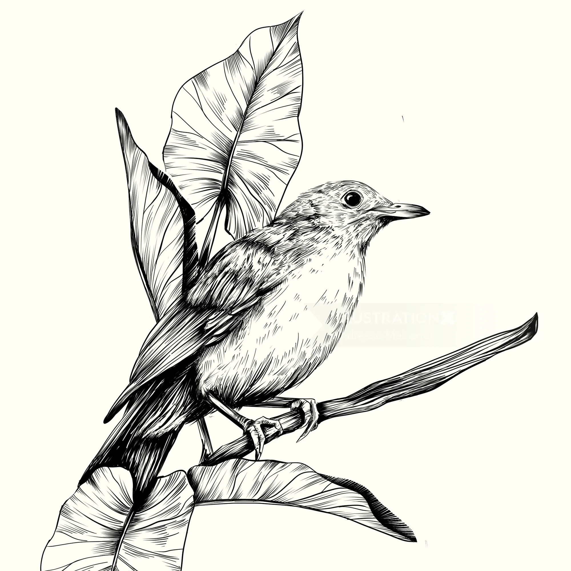 Black and white bird illustration perched on a branch with leaves