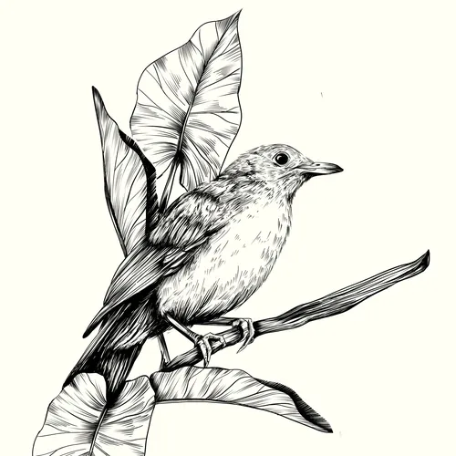 Black and white bird illustration perched on a branch with leaves