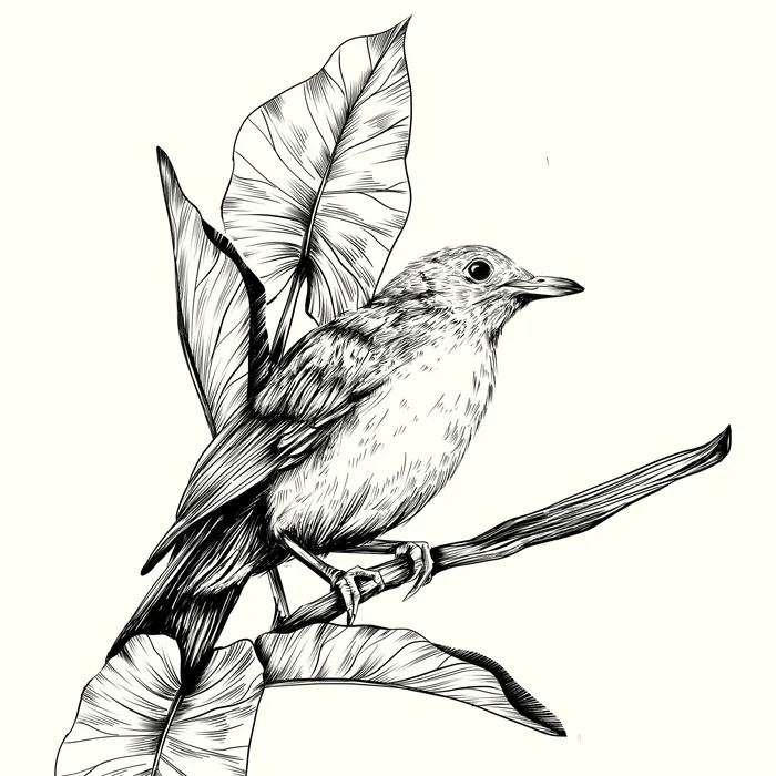 Black and white bird illustration perched on a branch with leaves