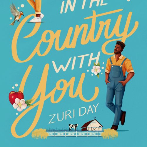 Book cover with a man and woman, birds, hearts, and a country house