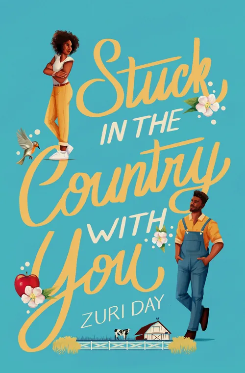 Book cover with a man and woman, birds, hearts, and a country house