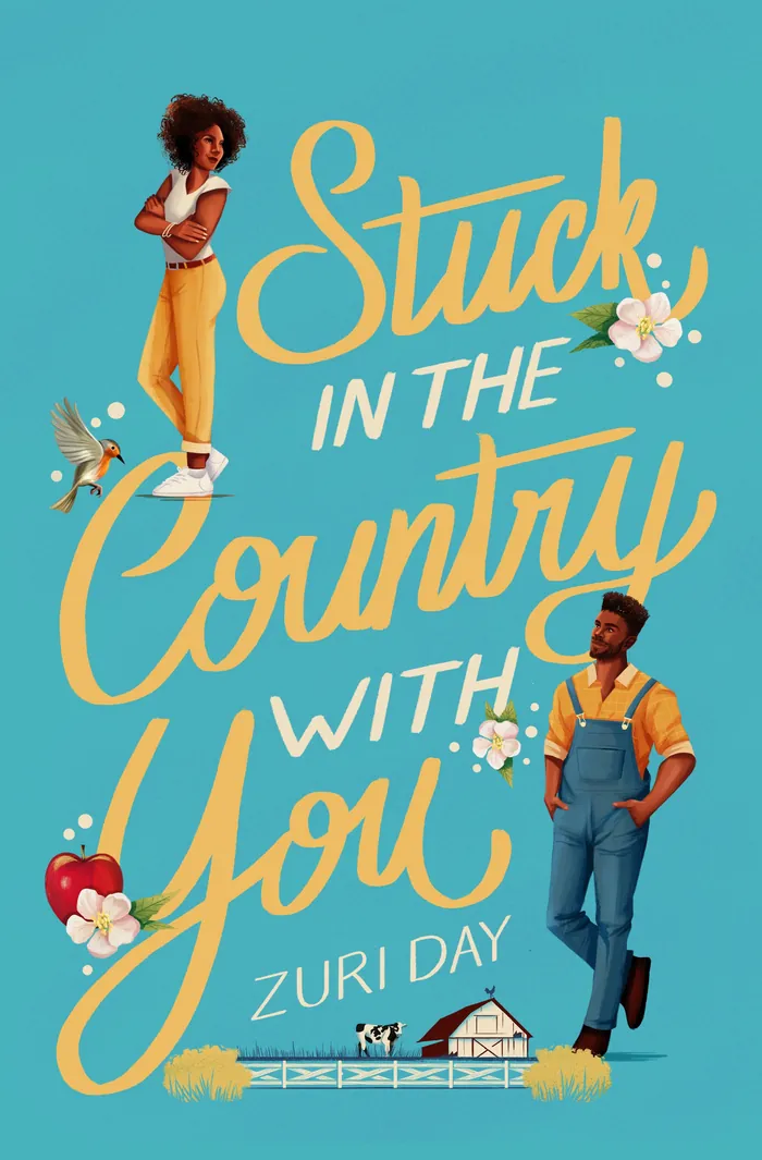 Book cover with a man and woman, birds, hearts, and a country house