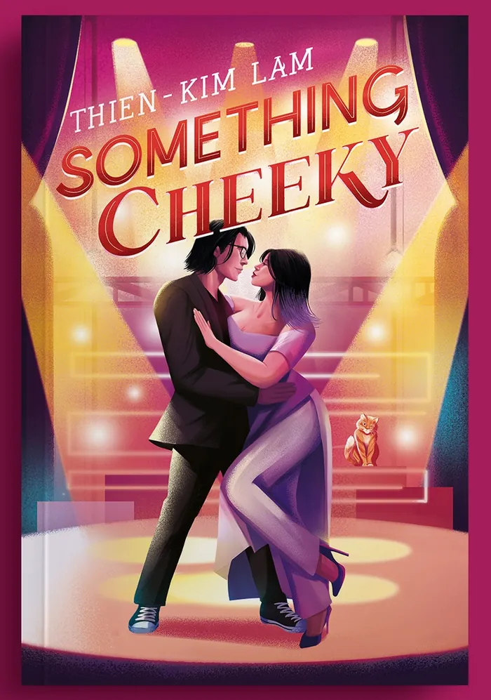 Man and woman dancing closely on a stage with spotlights